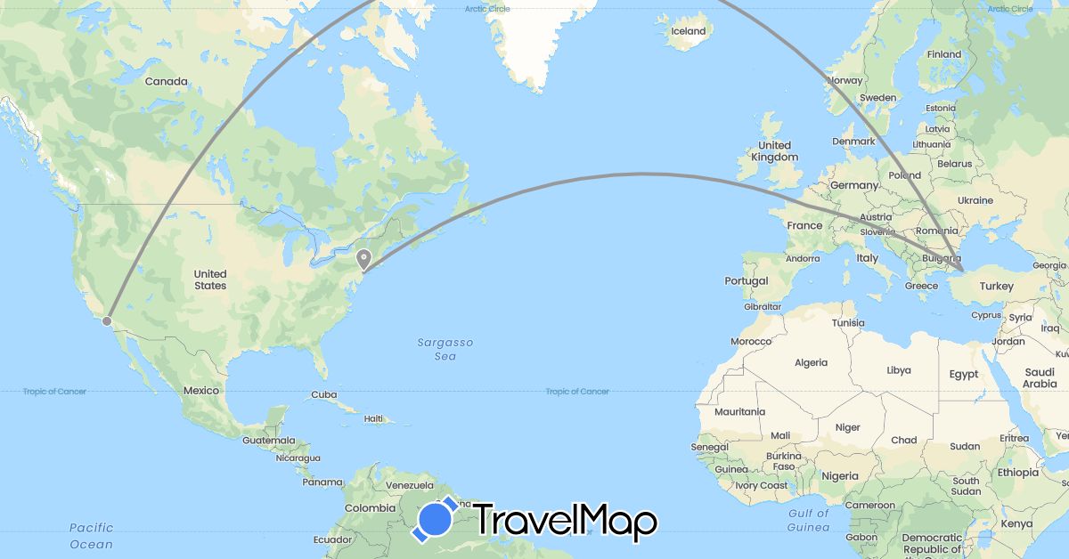 TravelMap itinerary: driving, plane in France, Turkey, United States (Asia, Europe, North America)